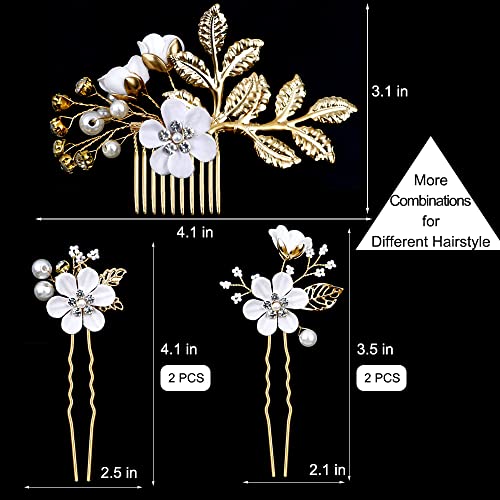 5 Pieces Bridal Flower Wedding Hair Pins Crystal Pearl Hair Pins Clips Headpiece Gold Wedding Hair Accessories Jewelry with Rhinestone for Brides Bridesmaids Women Girls Updo(Pure White Flower) - color: Exquisite Flower Leaves&Pure White Flower