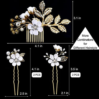 5 Pieces Bridal Flower Wedding Hair Pins Crystal Pearl Hair Pins Clips Headpiece Gold Wedding Hair Accessories Jewelry with Rhinestone for Brides Bridesmaids Women Girls Updo(Pure White Flower) - color: Exquisite Flower Leaves&Pure White Flower