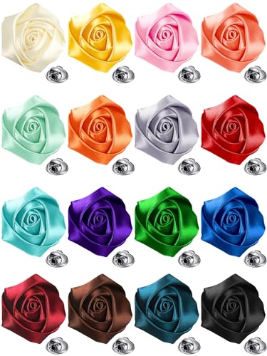 16 Pcs Lapel Pin for Men Suits Lapel Flower Boutonniere Pins Handmade Satin Pin Rose Flower Brooch for Wedding Party Decoration