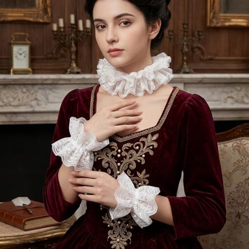 Neck Ruffle Collar and Lace Cuffs Set Victorian Collars Costume Accessories | for Cosplay, Halloween, Masquerade, Party, Clown, Vampire, Princess, Prince Outfits-White - color: Whiteset