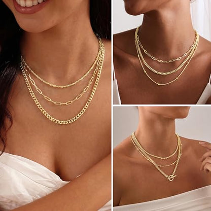 Turandoss Layered Necklaces for Women, 14K Gold Plated Chain Necklace Stack | Non Tarnish Gold Necklaces for Women, Toggle Clasp Herringbone Rope Satellite Cuban Link Chain Necklace, Trendy Jewelry Gifts - color: " rope+satellite+toggle-G