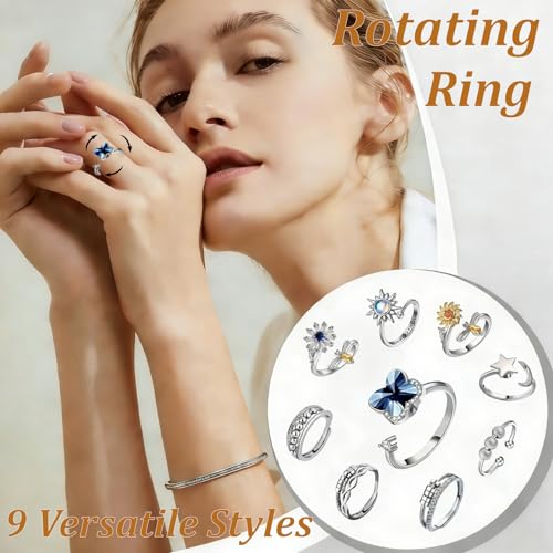 Adjustable Fidget Spinner Rings for Anxiety, 9 Pcs Silver Metal Rotatable Bands to Relieve Stress, Calming Worry Jewelry for Women Men, Durable Open Ring Set