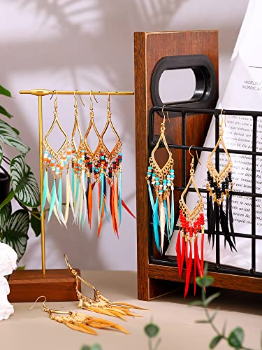 Sumind 6 Pairs Long Beaded Feather Tassel Earrings Boho Dangle Bohemia Handmade Seed Bead Statement Fringe Drop Earrings for Women Girls