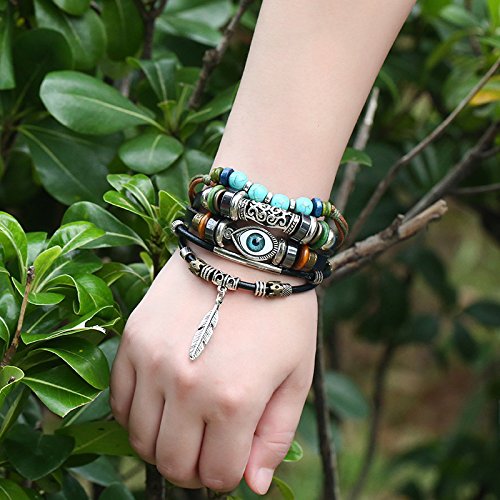 Boho National Stone Feather Multilayer Leather Bracelet Evil Eye Charms Turquoises Beads Bracelets for Men Vintage Punk Wrap Wristband Owl Bird Bracelet