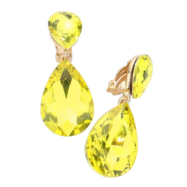 Rosemarie & Jubalee Women's Double Teardrop Statement Glass Crystal Rhinestone Dangle Clip On Bridal Earrings, 2" - color: Yellow Crystal Gold Tone