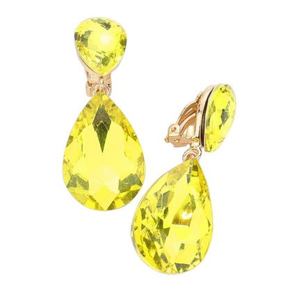 Rosemarie & Jubalee Women's Double Teardrop Statement Glass Crystal Rhinestone Dangle Clip On Bridal Earrings, 2" - color: Yellow Crystal Gold Tone