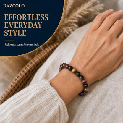 8mm Natural Crystal Stretch Bracelet | Handmade Round Stone Bead Bracelet, Runs Large, Meditation Yoga Gift for Women & Men - color: Multicolor Tiger Eye