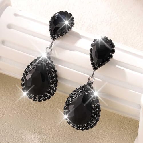 Catery Crystal Wedding Earrings Silver Rhinestone Ear Rings Teardrop Bridal Ear Jewelry for Brides and Women - color: Black Only