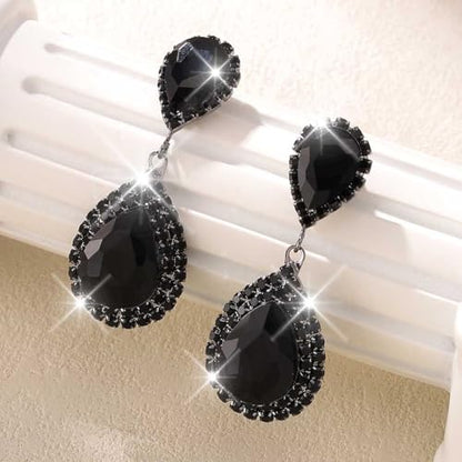Catery Crystal Wedding Earrings Silver Rhinestone Ear Rings Teardrop Bridal Ear Jewelry for Brides and Women - color: Black Only
