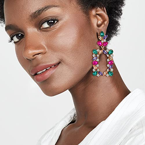 Clip-on Dangle Earring Earrings Art Deco Sparkly Rhinestone Marquise Teardrop Rectangle Geometric Statement for Women - color: Multicolor Gold-Toned