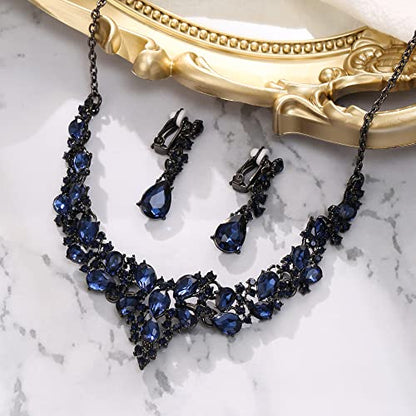 Wedding Statement Necklace Clip-on Earrings Jewelry Set | Sparkling Austrian Crystal Teardrop Cluster for Party Prom Accessories - color: 07-Sapphire Color Black-Tone