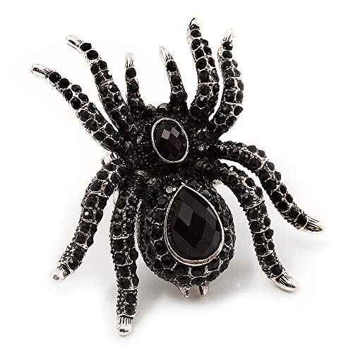 Avalaya Oversized Jet Black Crystal Spider Stretch Cocktail Ring (Silver Tone)