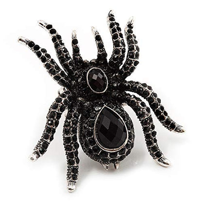 Avalaya Oversized Jet Black Crystal Spider Stretch Cocktail Ring (Silver Tone)