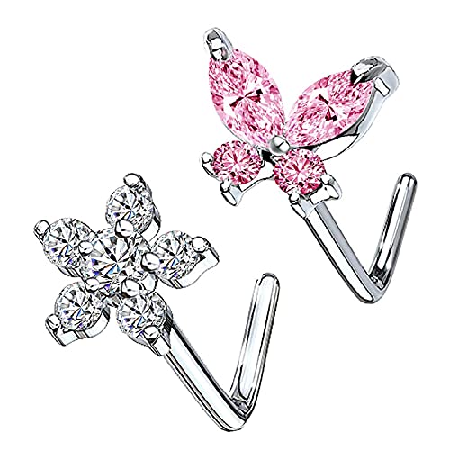 CZ Butterfly Flower Top L Bend Stud Nose Ring 20G L Shaped Nose Studs Nose Hoop Rings Nose Body Piercing for Women Mens - color: white pink