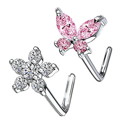 CZ Butterfly Flower Top L Bend Stud Nose Ring 20G L Shaped Nose Studs Nose Hoop Rings Nose Body Piercing for Women Mens - color: white pink
