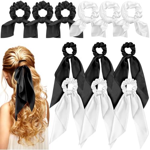 MTLEE 12 Pcs Hair Accessories for Women Hair Bows Scrunchies Scarf Ties Bunny Ears Silk Satin Scrunchies Ribbons Scarf Ties with Bows for Women Lady(Black and White) - color: Black and White