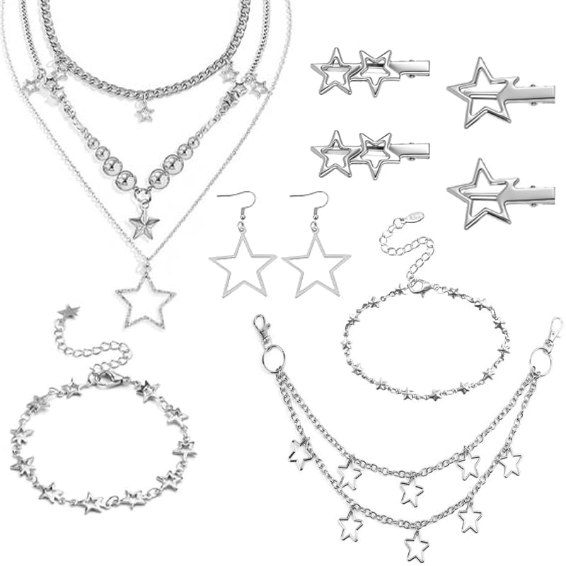 11Pcs Y2K Silver Jewelry Set Included Grunge Stackable Star Necklace Waist Chain Bracelet Earrings Hair Clip for Women Emo Alt Aesthetic Accessories