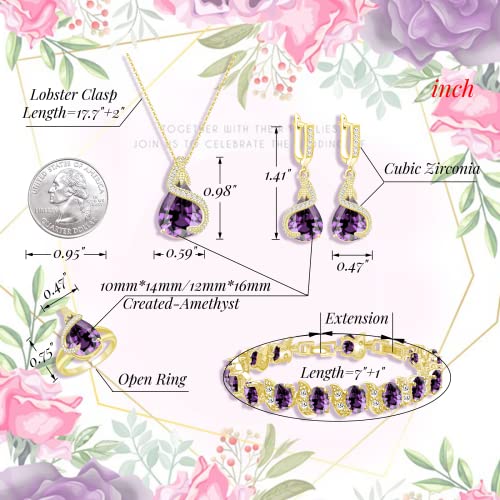 GZWHD Jewelry Set for Women Water Drop Cubic Zirconia Artificial Crystal Earrings Pendant Necklace Open Ring Tennis Bracelet Wedding Anniversary Birthday Engagement Gift for Bridesmaid Wife Girlfriend Friend - color: Gold-Purple