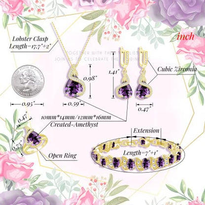 GZWHD Jewelry Set for Women Water Drop Cubic Zirconia Artificial Crystal Earrings Pendant Necklace Open Ring Tennis Bracelet Wedding Anniversary Birthday Engagement Gift for Bridesmaid Wife Girlfriend Friend - color: Gold-Purple