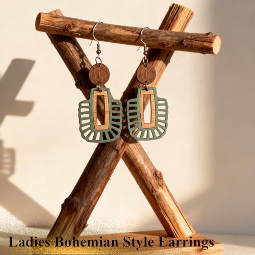 Bohemian Boho Olive Green Wooden Dangle Earrings for Women, Vintage Western Geometric Teardrop Style