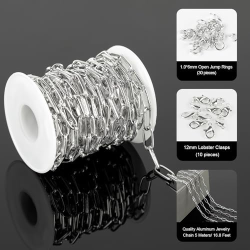 16ft/5m Aluminum Jewelry Chains Bulk Embossed Paperclip Jewelry Making Chains Oval Link Chain Roll with Jump Rings and Lobster Clasps - color: 6.5×15.5mm-Silver
