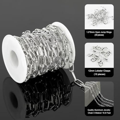 16ft/5m Aluminum Jewelry Chains Bulk Embossed Paperclip Jewelry Making Chains Oval Link Chain Roll with Jump Rings and Lobster Clasps - color: 6.5×15.5mm-Silver