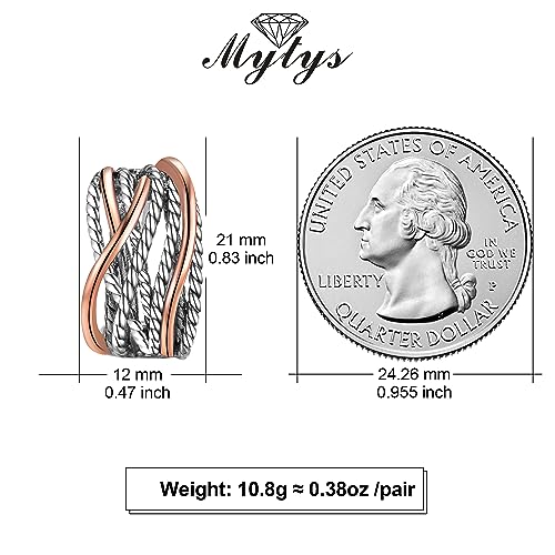 Mytys Two Tone Huggie Hoop Earrings Cross Over Design Twisted Rope Silver Gold Statement Wide Band Clip On Hoops for Women Fashion Jewelry Gift - color: Rose Gold & Silver