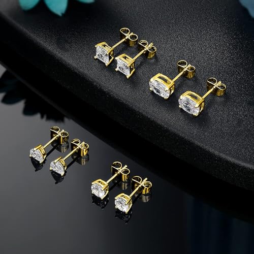 CZ Stud Earrings Set 4 Pairs, Multiple Shapes - Round Heart Princess Cut Oval Clear Cubic Zirconias, White Gold/Rose Gold/Gold - color: Gold
