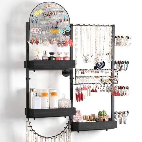 Keebofly Wall Mount Hanging Jewelry Organizer - Large Display Holder for Earrings, Rings, Necklaces, Bracelets, Watches and Perfume - Black - color: Black