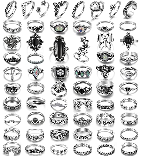 17IF Vintage Silver Knuckle Rings Set for Women Men, Chunky Boho Rings | Aesthetic Snake Grunge Stackable Gothic Ring Adjustable Y2K Punk Bulky Finger Alt of Rings, Stacking Flower Midi Ring Pack - style: 60