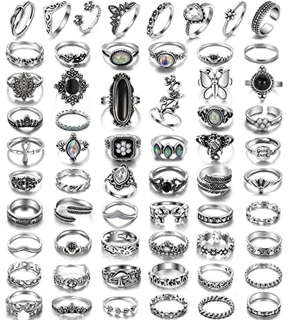 17IF Vintage Silver Knuckle Rings Set for Women Men, Chunky Boho Rings | Aesthetic Snake Grunge Stackable Gothic Ring Adjustable Y2K Punk Bulky Finger Alt of Rings, Stacking Flower Midi Ring Pack - style: 60