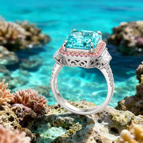 Moissa 8ct Sunset Glow Radiant Cut Halo Cocktail Ring for Women | 14K Gold Plated Tarnish-Resistant Silver Ring, 12x10mm Lab Zircon, Bold Statement Ring for Party, Engagement & Anniversary - color: Vivid Blue