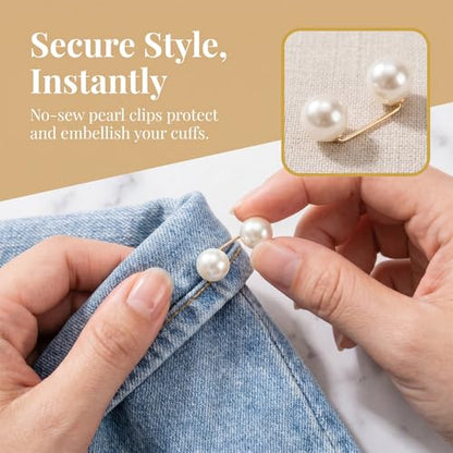 8pcs Pearl Brooches Sweater Clips, Decorative Pins Pant Hem Clips Waist Length Adjuster, Elegant Pearl Safety Pins for Women Dresses Jeans Shirts Hats - Beige