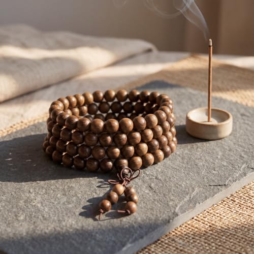 Handmade Mala Beads Bracelet 108 8mm Prayer Meditation Bracelet Sandalwood Elastic, Buddhist Beads, Prayer Mala Necklace for Men and Women Gifts - color: Golden-threaded Sandalwood