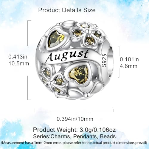 HappyStar 925 Sterling Silver Four Leaf Clover Bead Charm with Cubic Zirconia Birthstone Charms for Bracelets Dangle Pendant Compatible Pandora Bracelets Lucky Charm Birthday Gift - color: 8-August Birthstone Bead