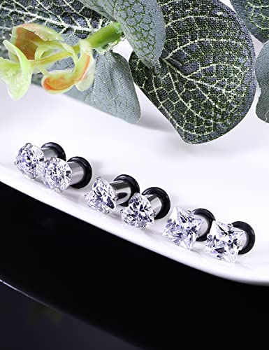 8G 6G 4G 2G 0G 1/2 inch Stainless Steel Ear Gauges - Round, Square, Heart, Cubic Zirconia - 3mm to 12mm - Silver, 3 Pairs - color: Gauge=4g=5mm