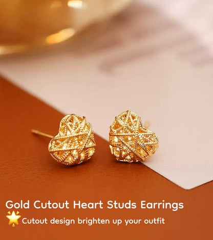 18K Gold Plated & Silver Chunky Heart & Bow Earrings for Women, Chunky Heart Dangle Hoops/Tiny Studs, Kawaii Dainty Hypoallergenic Jewelry for Multiple Piercings, Gift for Her - style: Cut-out Heart Studs