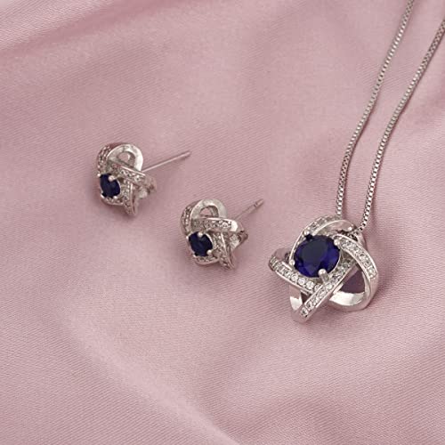 AMYJANE Bridal Jewelry Set for Women - Crystal Cubic Zirconia Love Knot Necklace Stud Earrings Elegant CZ Jewelry Set for Wedding Bride Bridesmaids Gift Set - color: Blue Sapphire(14k White Gold Plated)