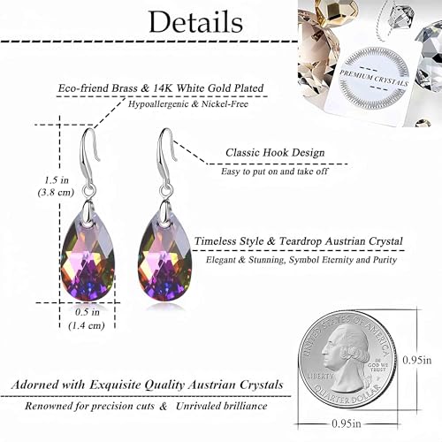 Austrian Crystal Teardrop Dangle Hook Earrings for Women 14K Gold Plated Hypoallergenic Jewelry - color: Rainbow Crystal