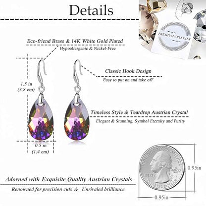 Austrian Crystal Teardrop Dangle Hook Earrings for Women 14K Gold Plated Hypoallergenic Jewelry - color: Rainbow Crystal