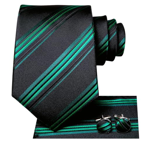 Dubulle Mens Paisley Striped Tie Woven Necktie for Men and Handkerchief Cufflinks Set Wedding Formal Business - color: B Green Black