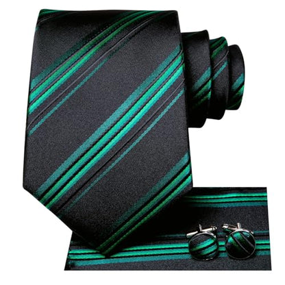 Dubulle Mens Paisley Striped Tie Woven Necktie for Men and Handkerchief Cufflinks Set Wedding Formal Business - color: B Green Black