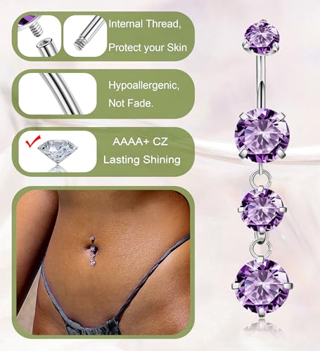 G23 Titanium Dangle Belly Button Rings for Women Dangling Navel Rings CZ Belly Rings Curved Barbell Internally Threaded Belly Piercing Jewelry - color: Purple