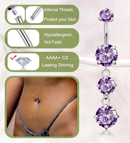 G23 Titanium Dangle Belly Button Rings for Women Dangling Navel Rings CZ Belly Rings Curved Barbell Internally Threaded Belly Piercing Jewelry - color: Purple
