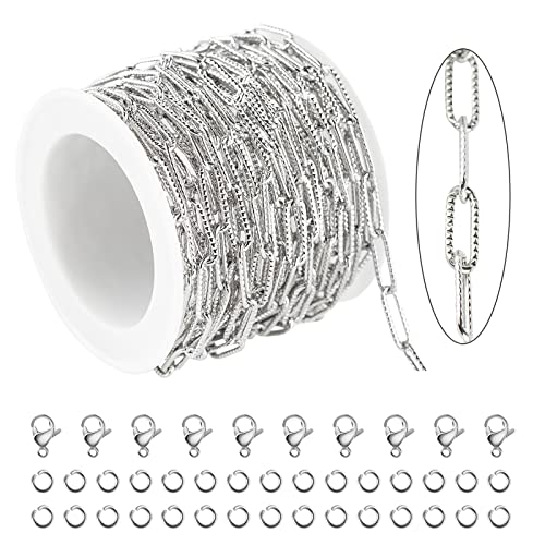 KYUNHOO 16.4 FT Silver Necklace Chains Bulk Embossed Paperclip Chain Roll | 304 Stainless Steel Chains for Jewelry Making Textured Paper Clip Chain with Clasps Jewelry Supplies DIY Crafts - color: Embossed Paperclip Silver