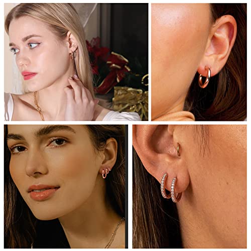 PABBEU 925 Sterling Silver Small Hoop Earrings Set for Women Hypoallergenic | 3Pairs Cubic Zirconia Small Huggie Hoop Earrings Set 13/15/20mm,Nickel-Free Lightweight Comfortable Sleeper Earrings Gift Set - color: 13/15/20mm HMT Rose Gold