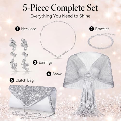 Tiamon 5 Pcs Rhinestone Jewelry Sets Shawls and Wraps Formal Clutch Purses for Women Evening Dresses Weddings Engagement - style: Delicate