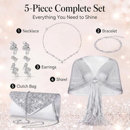 Tiamon 5 Pcs Rhinestone Jewelry Sets Shawls and Wraps Formal Clutch Purses for Women Evening Dresses Weddings Engagement - style: Delicate