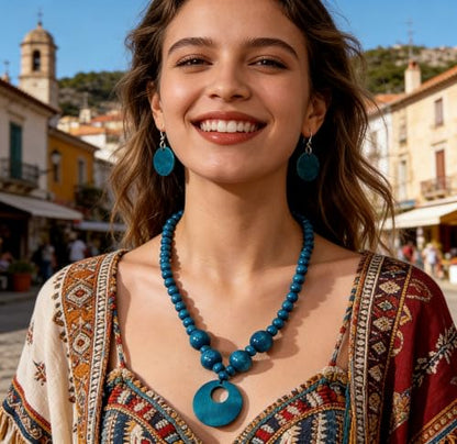 LOTSOF Boho Wooden Beaded Necklace and Earring Set for Women, Bohemian Chunky Statement Costume Jewelry, Round Drop Pendant Retro Ethnic Accessories Ladies Gift - color: Peacock Blue