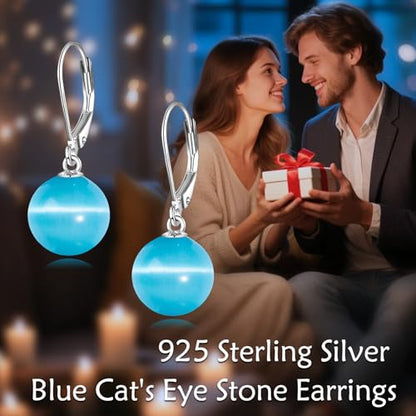 925 Sterling Silver Pearl Leverback Earrings Dangle Drop Jewelry Gifts for Women - style: Blue Cat's Eye